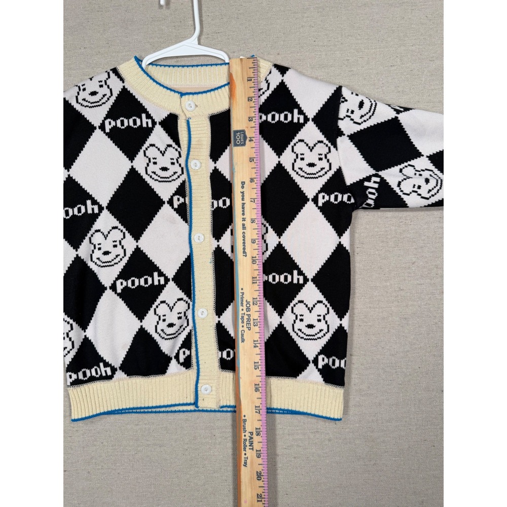 Disney Winnie the Pooh Argyle Cardigan Sweater Black White Kids Size 130 - Picture 4 of 5